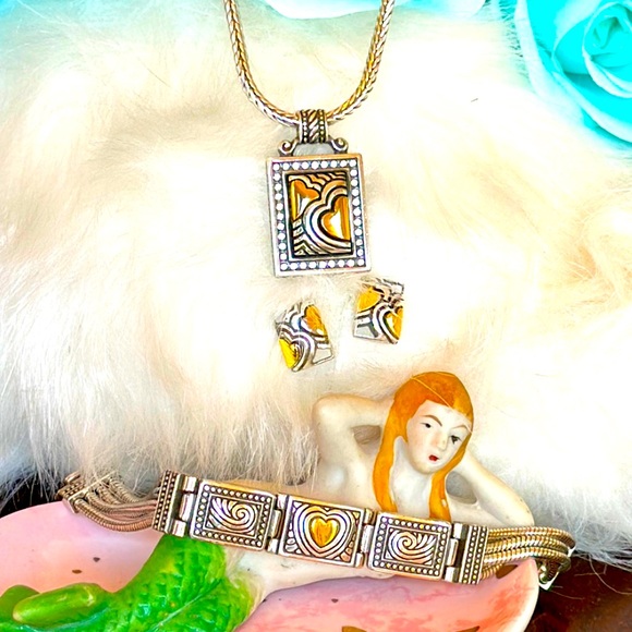 Brighton OP ART Gold Heart Artsy Motif Silver Crystal Necklace Bracelet Earrings